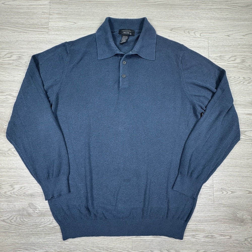 Toscano Mens Polo Sweater Blue Large Long Sleeve Knit Made in Italy‎